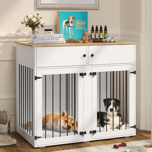 41 Inch White Wooden Dog Crate Furniture with Divider & Double Doors T4055