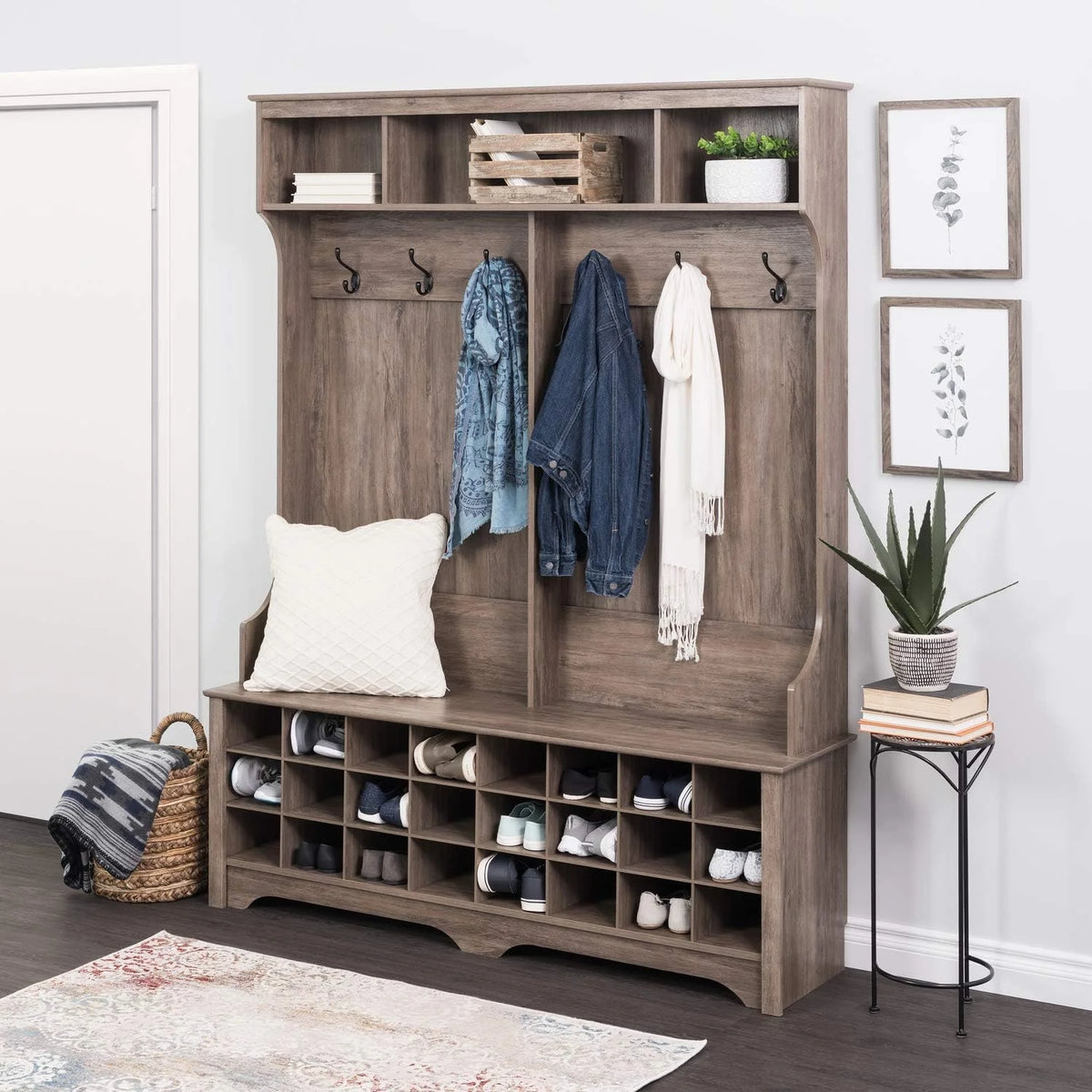 Gray Hall Tree with Bench and Shoe Storage W213
