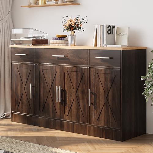 Brown Wood Buffet Cabinet with 3 Drawers and 4 Doors R3775