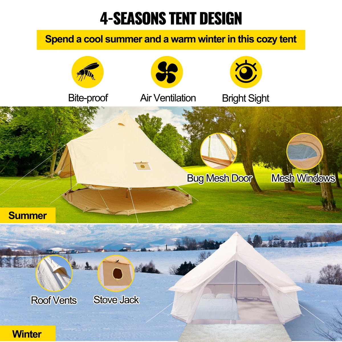 Canvas Bell Tent with Stove Jacket Waterproof 4 Seasons O158957