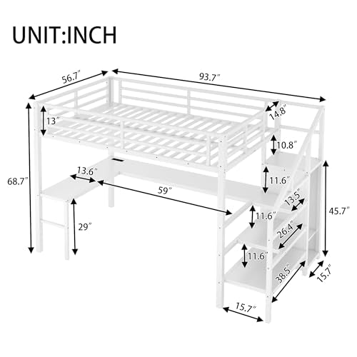 Full Size White Metal Loft Bed with Desk and Storage Stairs K148745