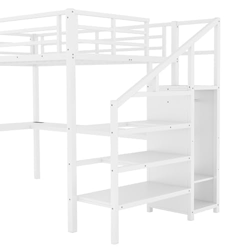 Full Size White Metal Loft Bed with Desk and Storage Stairs K148745