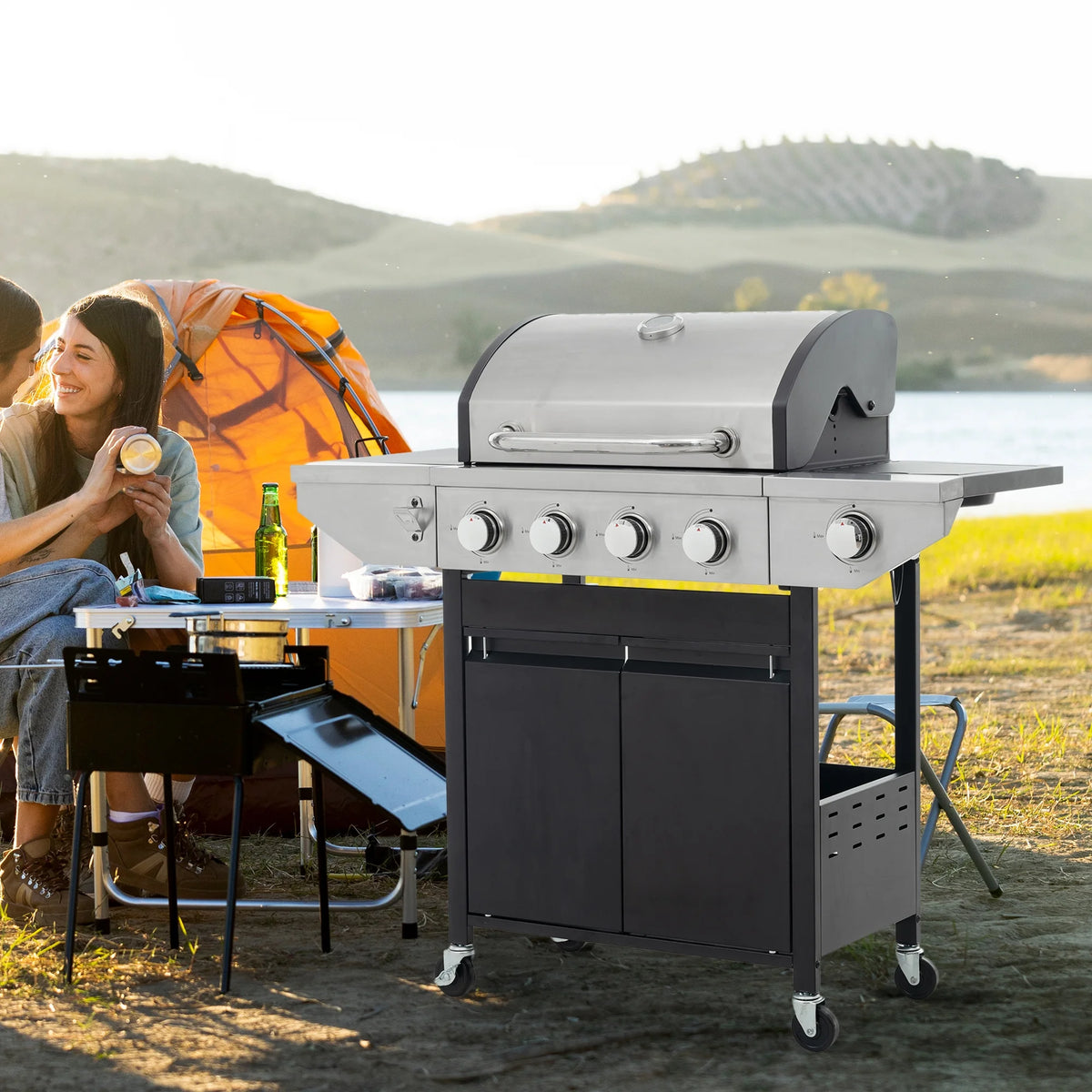 4 Burner Propane Gas Grill with Side Burner and Thermometer K95701
