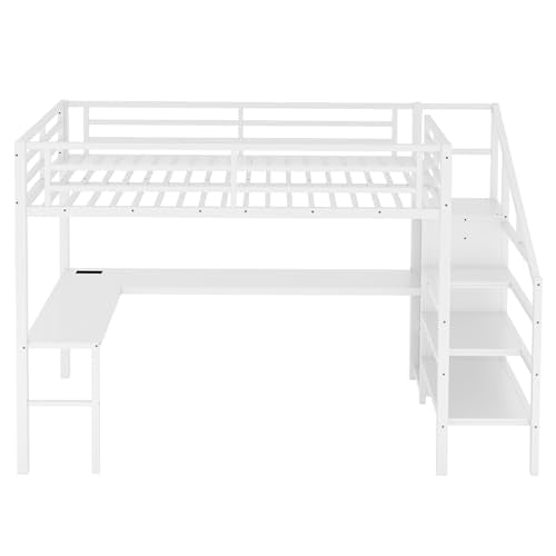 Full Size White Metal Loft Bed with Desk and Storage Stairs K148745