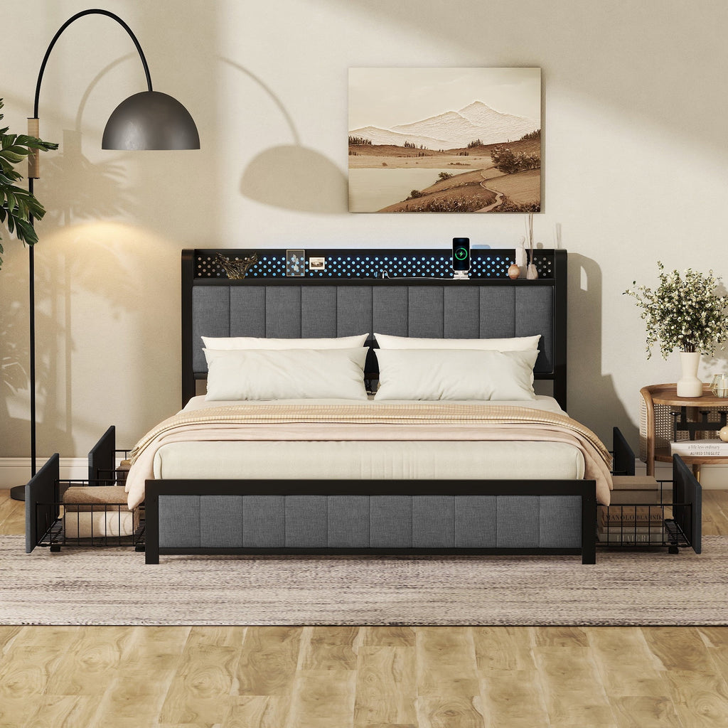 Dark Grey Queen Upholstered Bed Frame with 4 Storage Drawers M3370