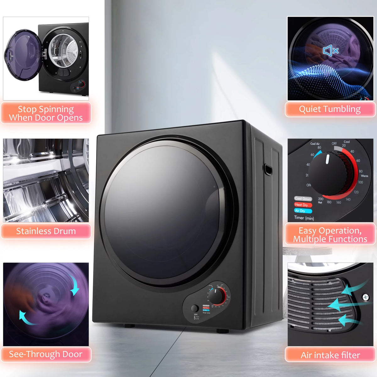 1.5 Cu.ft Compact Portable Laundry Dryer with 5 Drying Modes B982
