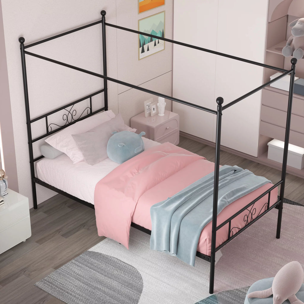 Twin Size 4-Post Canopy Bed Frame Metal Platform with Headboard Footboard Y710528