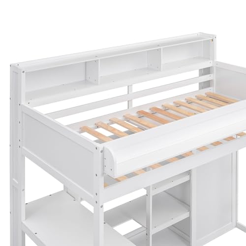 Twin Size Wood Loft Bed with Desk Storage and Wardrobe S9832