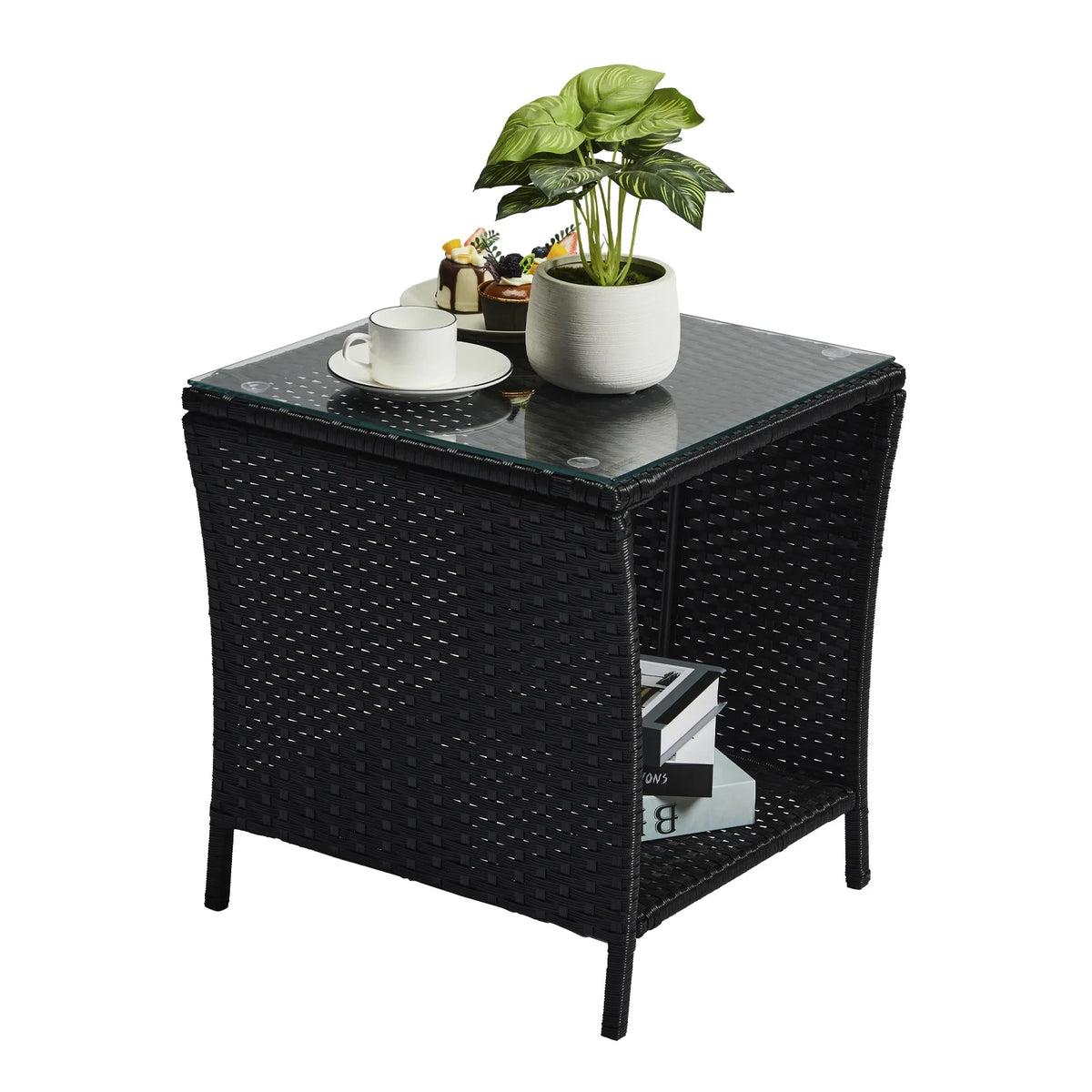 Square Wicker Side Table with Glass Top Storage Shelf R490