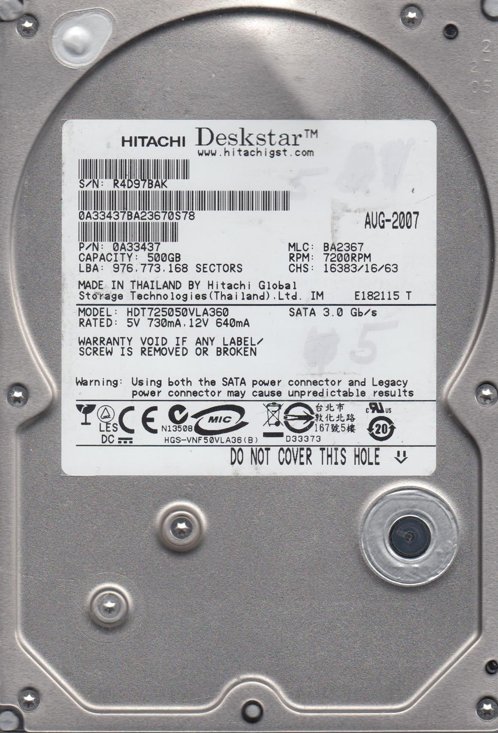 500GB SATA 3.5 Hard Drive L7438