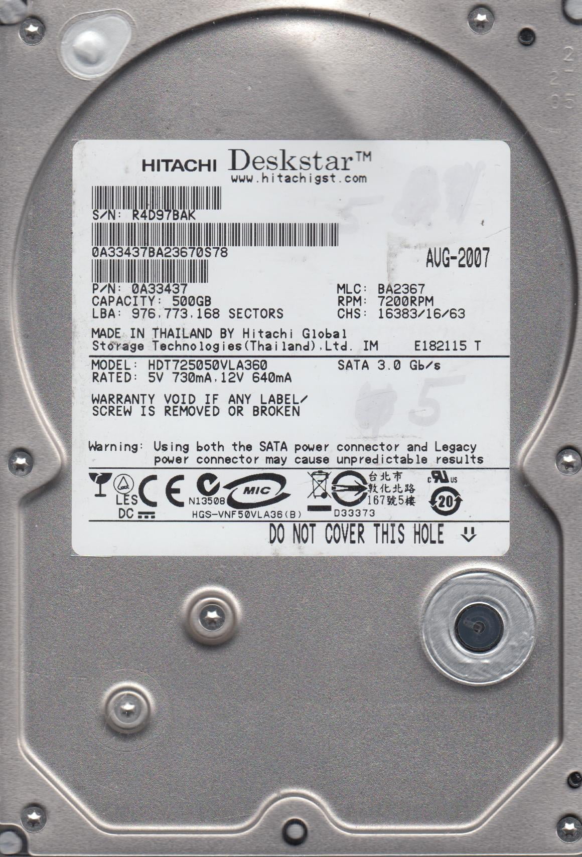 500GB SATA 3.5 Hard Drive L7438