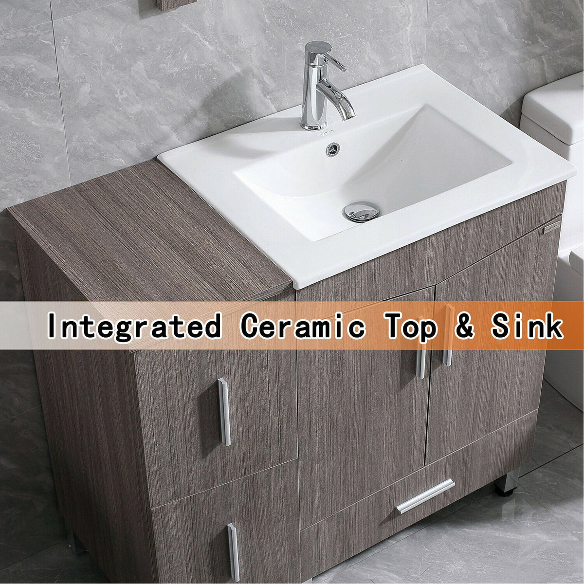 36" Light Brown Wood Bathroom Vanity with Ceramic Sink and Drawers H478