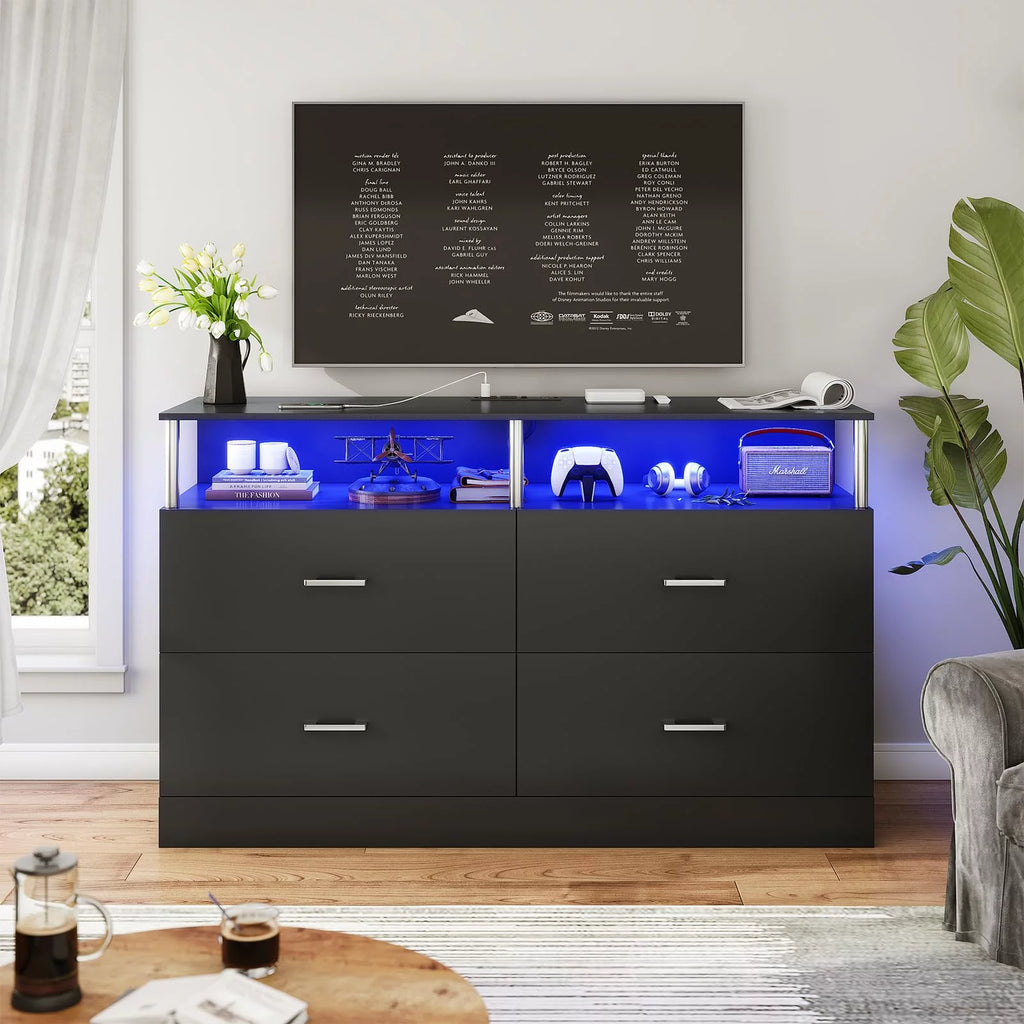 Black 6 Drawer Dresser with Charging Station and LED Light X379