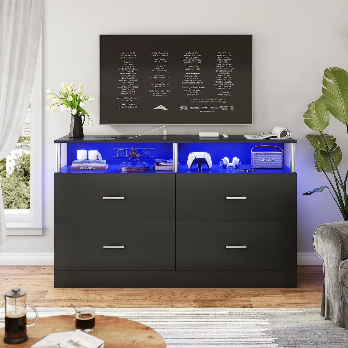 Black 6 Drawer Dresser with Charging Station and LED Light X379