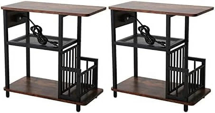 Brown Set of 2 Side Tables with USB Ports and Outlets X3835