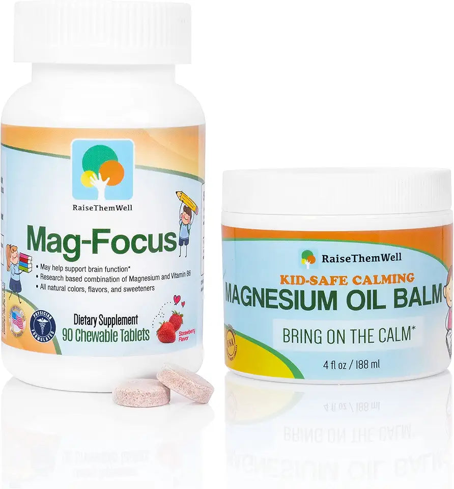 Strawberry Flavored Magnesium Focus Supplement for Kids and Magnesium Oil Balm Bundle Y48045