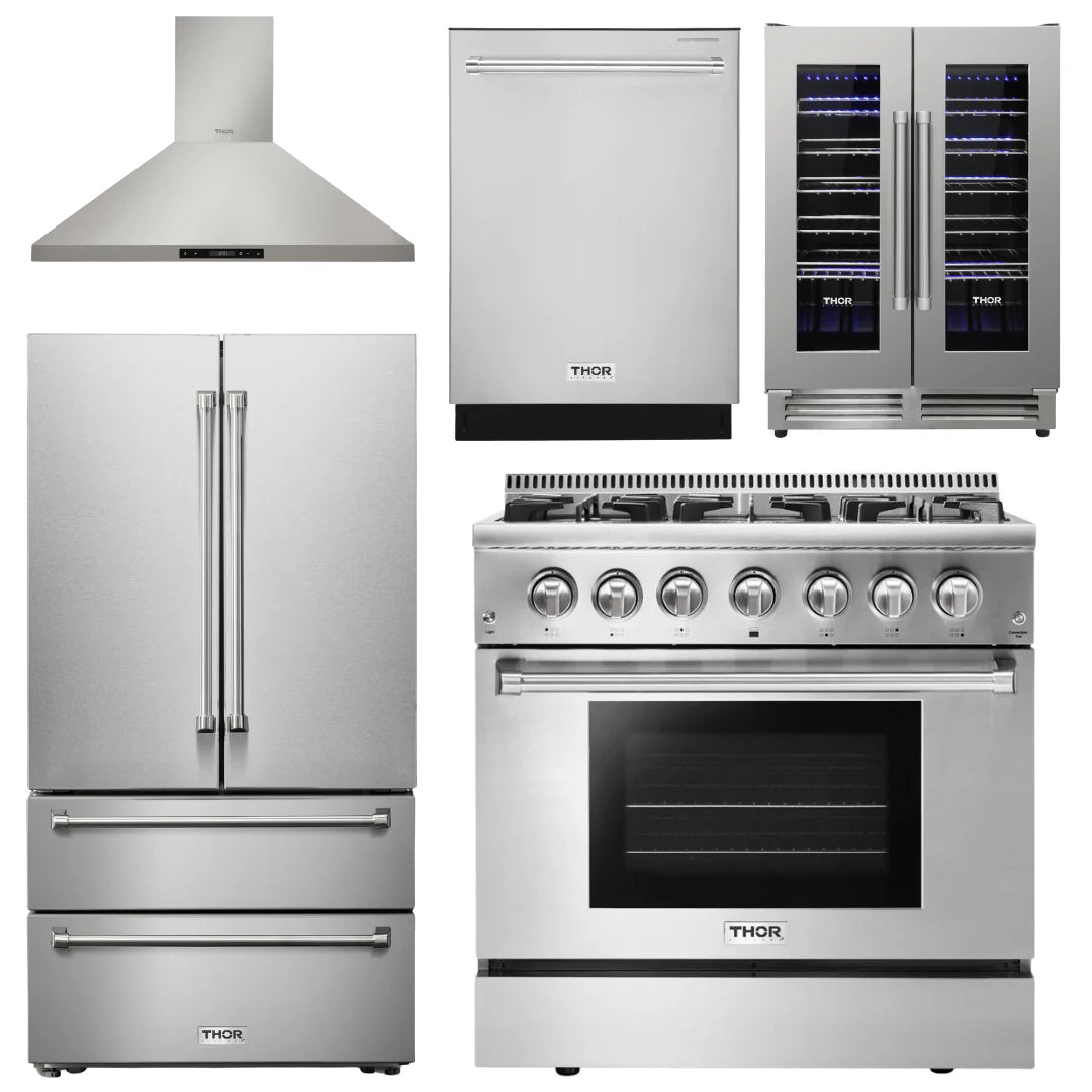 36 In. Gas Burner Electric Oven Range, Range Hood, Refrigerator, Dishwasher, Wine Cooler K1068