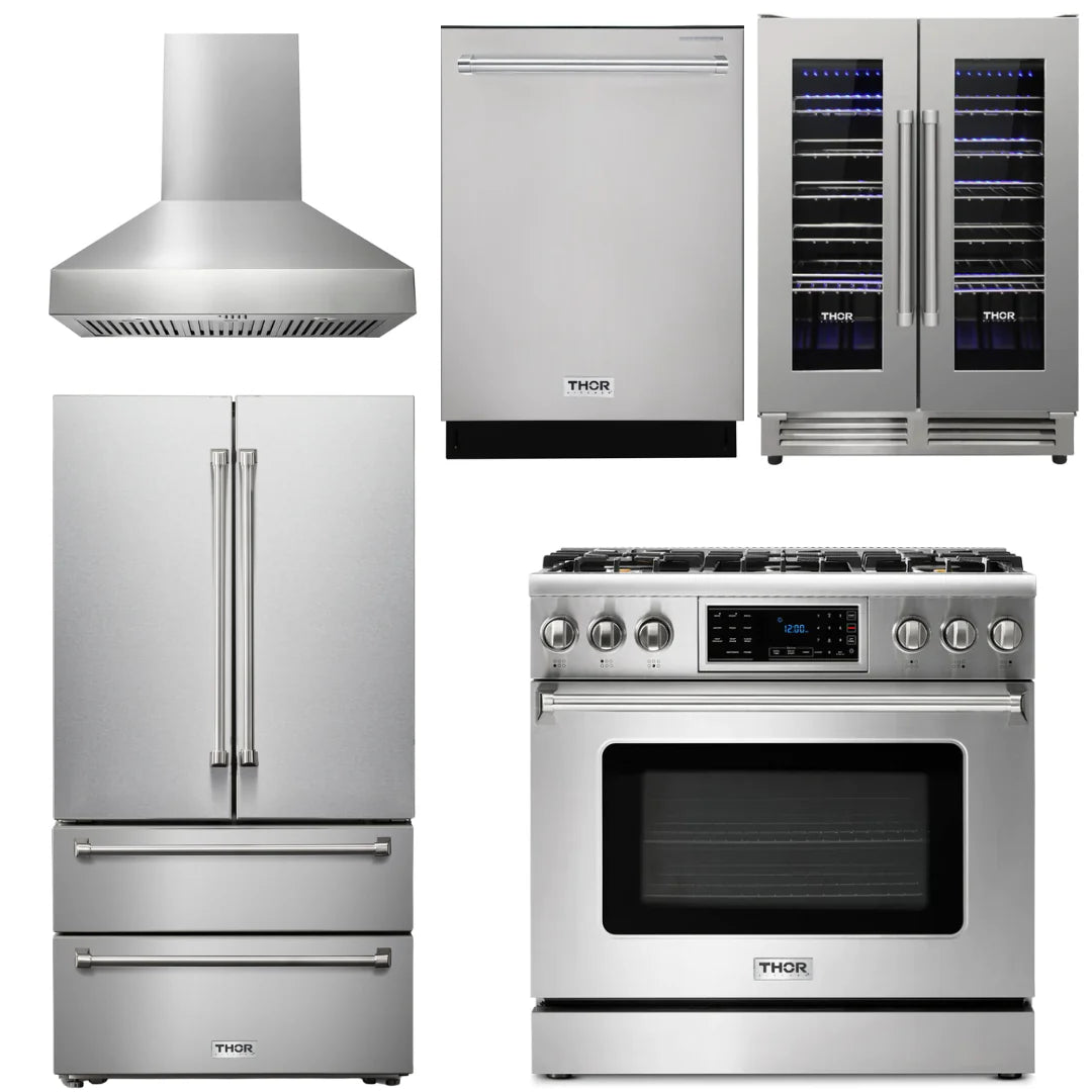 36 Gas Range, Range Hood, Refrigerator, Dishwasher, Wine Cooler E740