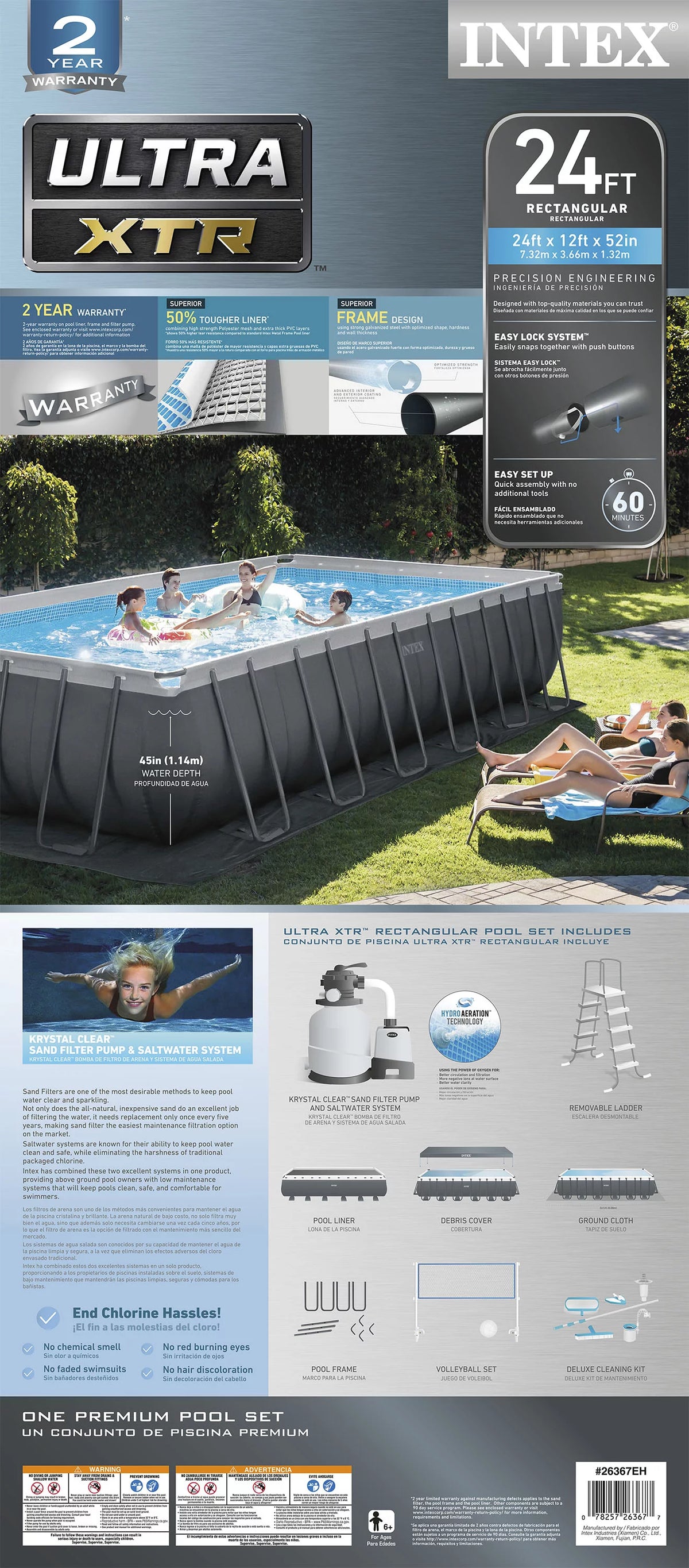 24' x 12' x 52 Rectangular Frame Swimming Pool Set with Pump O277265