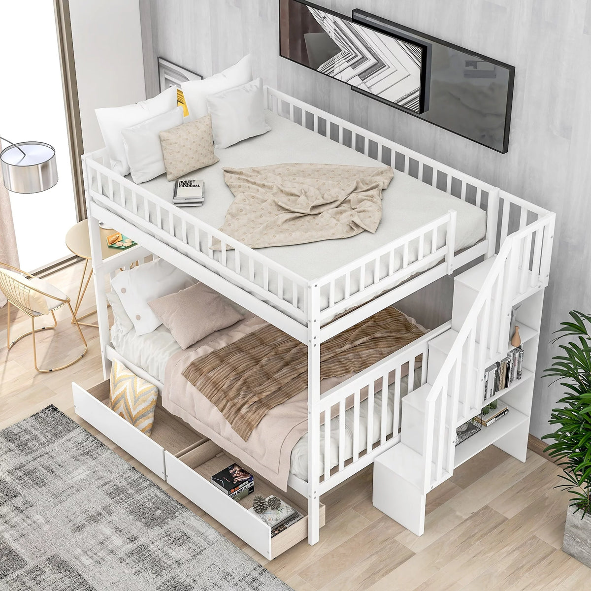White Full over Full Bunk Bed with Two Drawers C735865