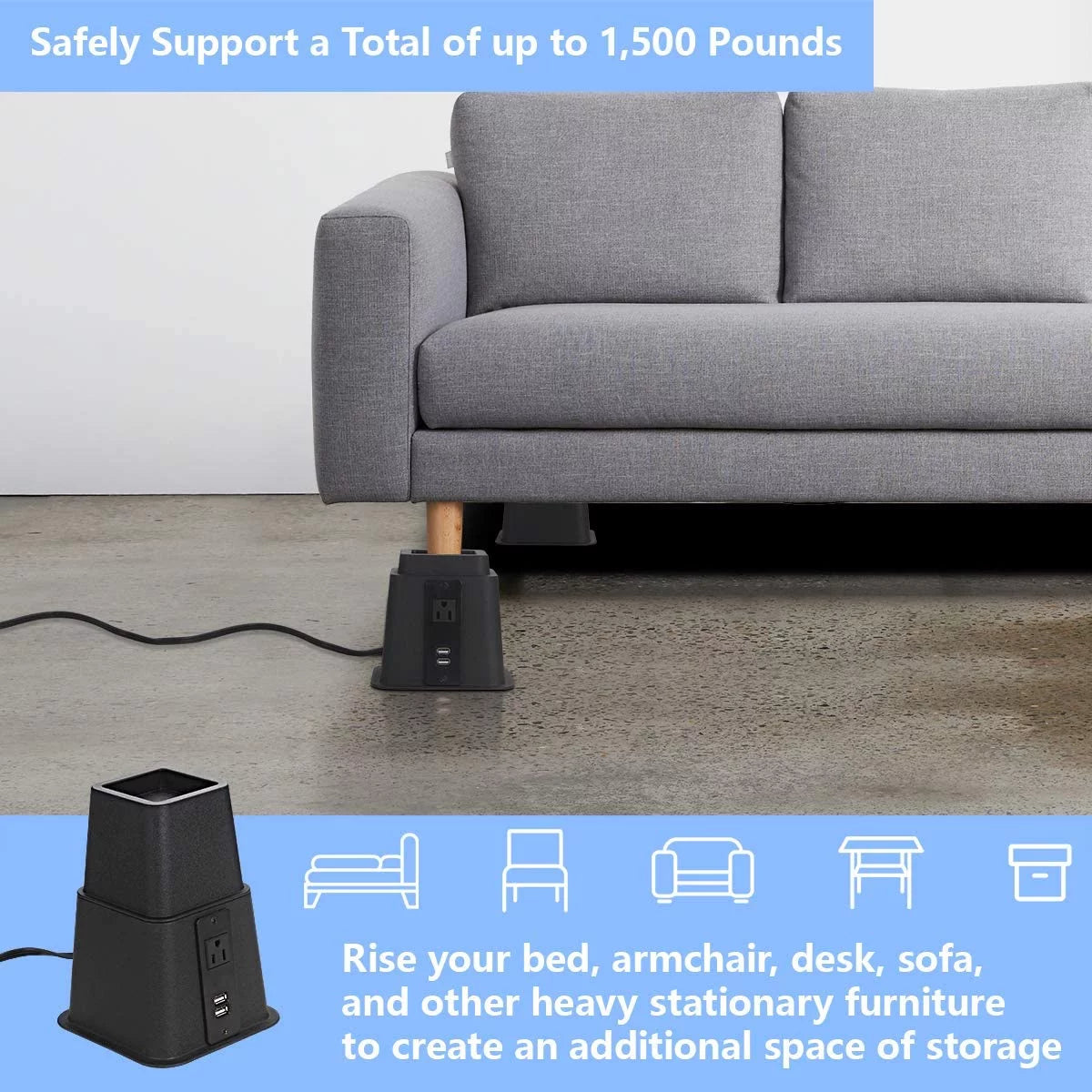 Black Set of 4 Adjustable Bed Riser with Power Outlet and USB Ports G2657