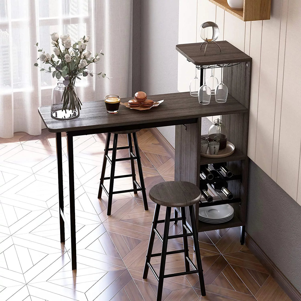 Bar Table and Chairs Set for 2, 3-Piece Counter Height Dining Table Set with Shelves M16188
