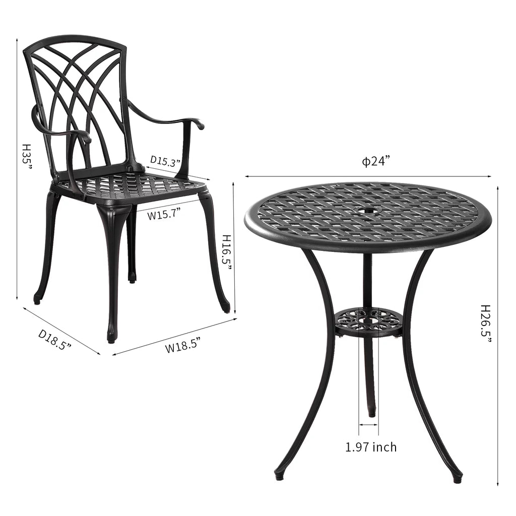 3 Piece Cast Aluminum Patio Bistro Set with Umbrella Hole W50157