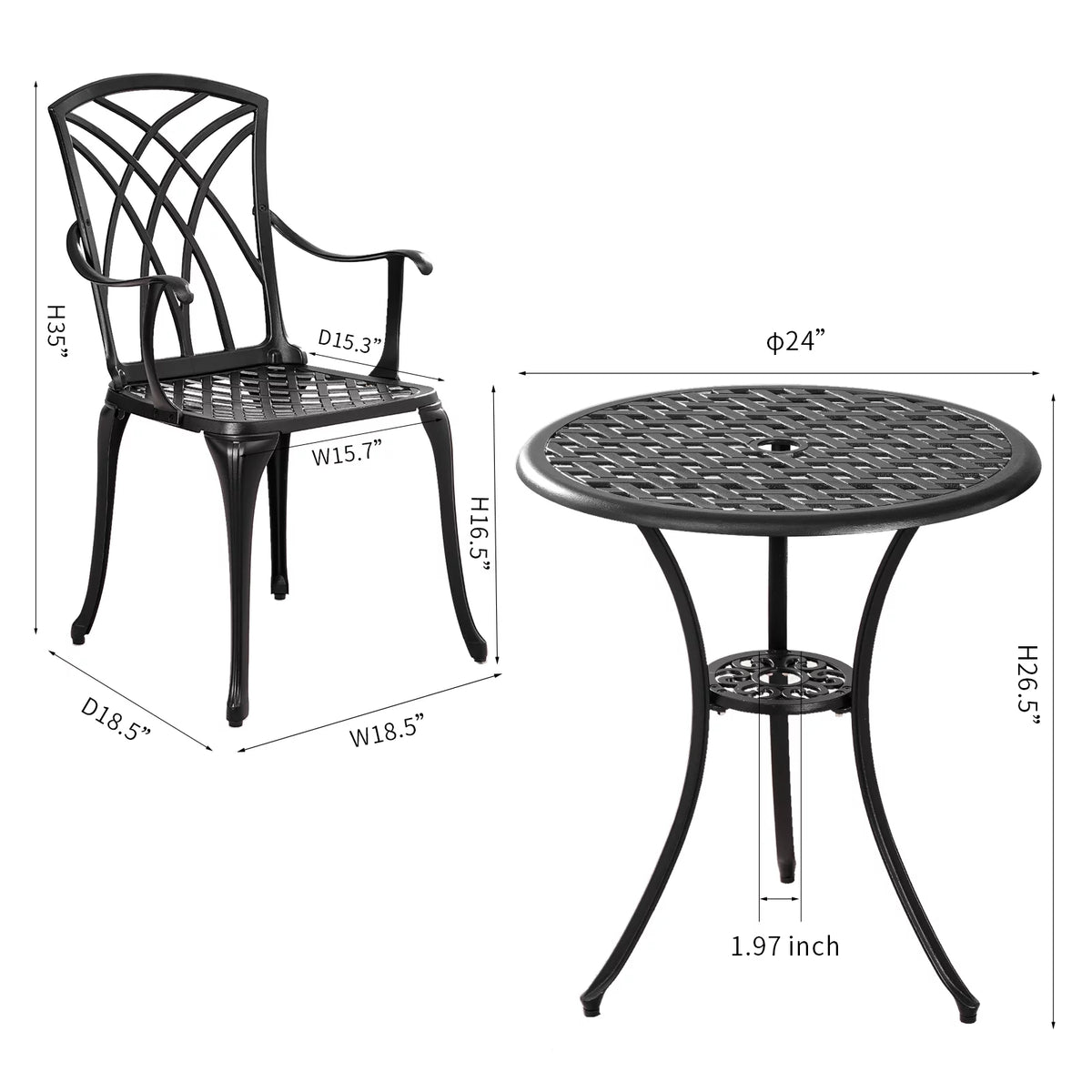 3 Piece Cast Aluminum Patio Bistro Set with Umbrella Hole W50157