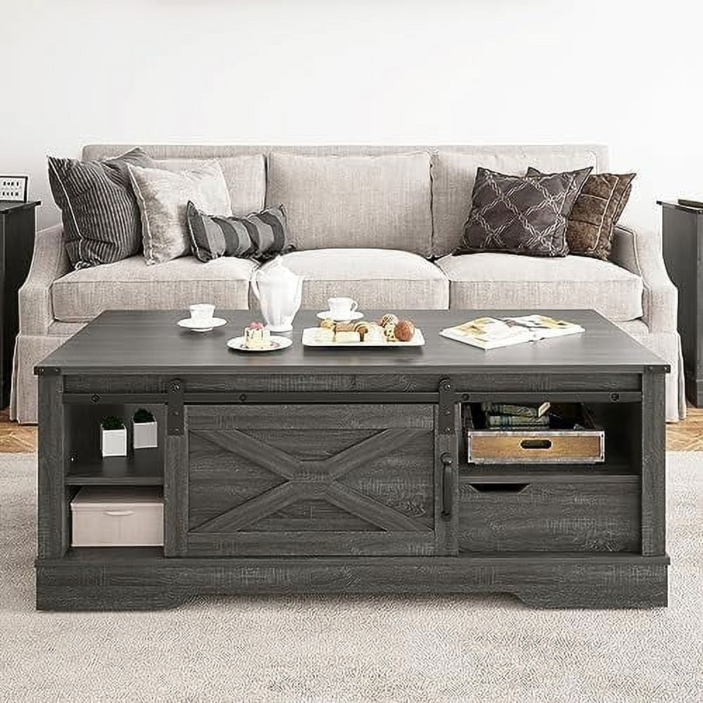 Light Grey 48'' Rustic Coffee Table with Sliding Barn Door K71442