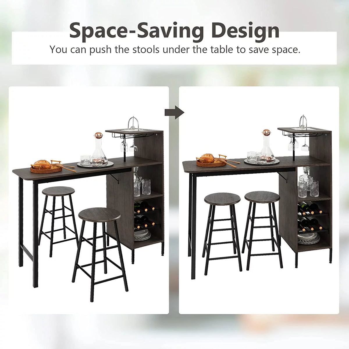 Bar Table and Chairs Set for 2, 3-Piece Counter Height Dining Table Set with Shelves M16188