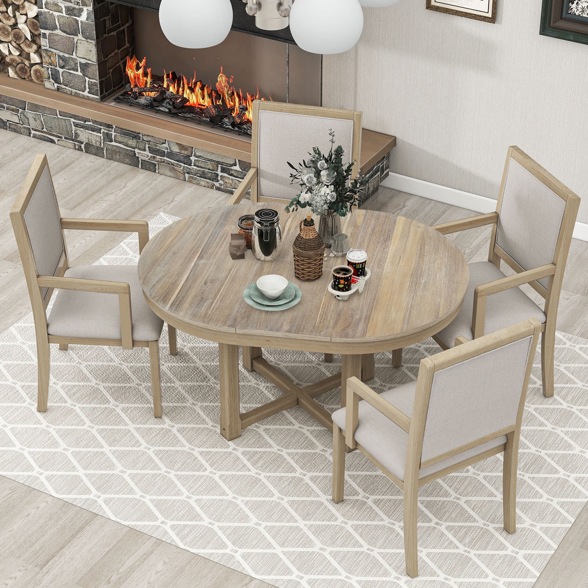 5-Piece Extendable Wood Dining Table Set with 4 Upholstered Chairs Z437130
