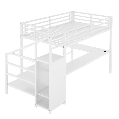 Full Size White Metal Loft Bed with Desk and Storage Stairs K148745