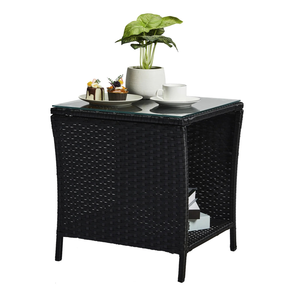 Square Wicker Side Table with Glass Top Storage Shelf R490