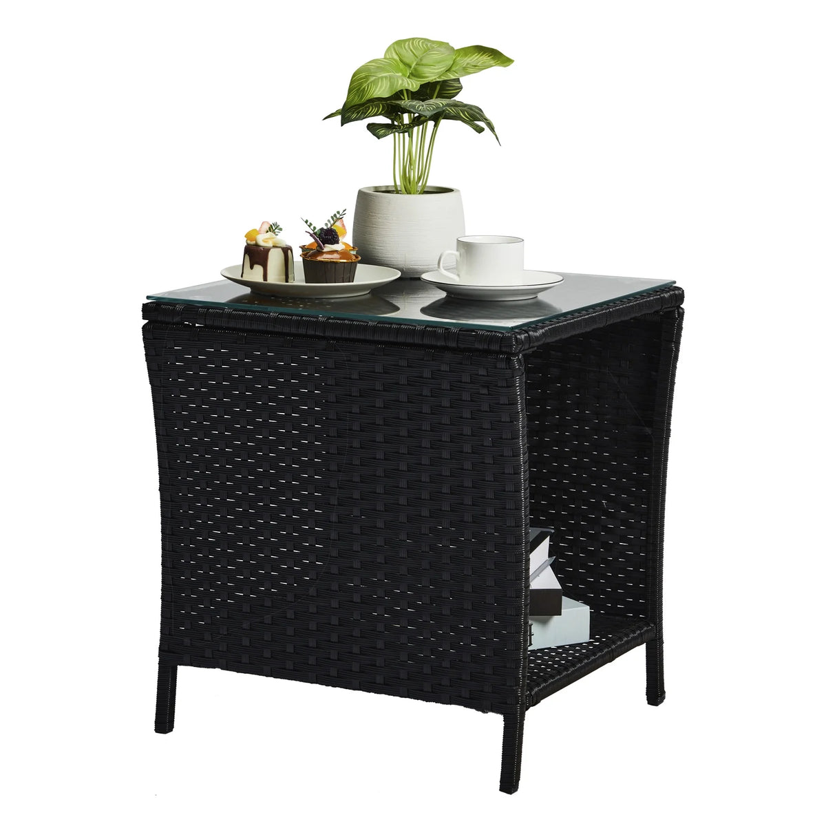 Square Wicker Side Table with Glass Top Storage Shelf R490