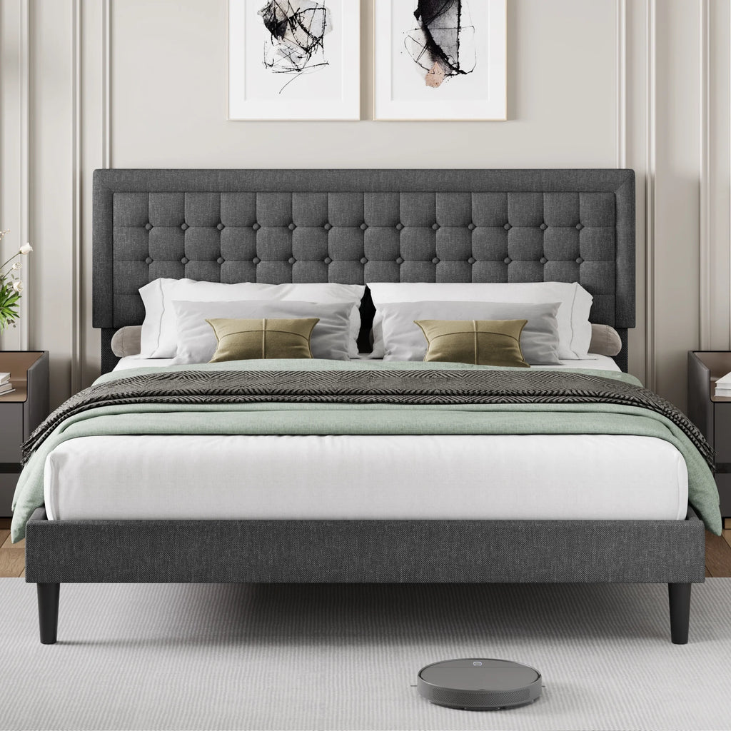 King Size Gray Linen Fabric Bed Frame with Tufted Headboard W320
