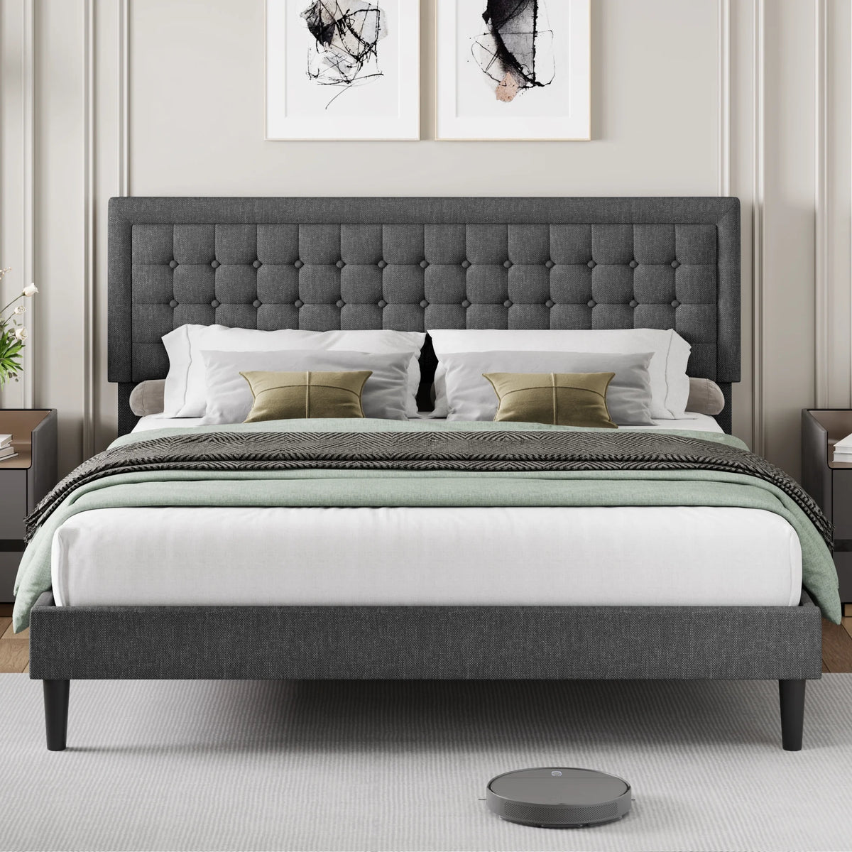 King Size Gray Linen Fabric Bed Frame with Tufted Headboard W320