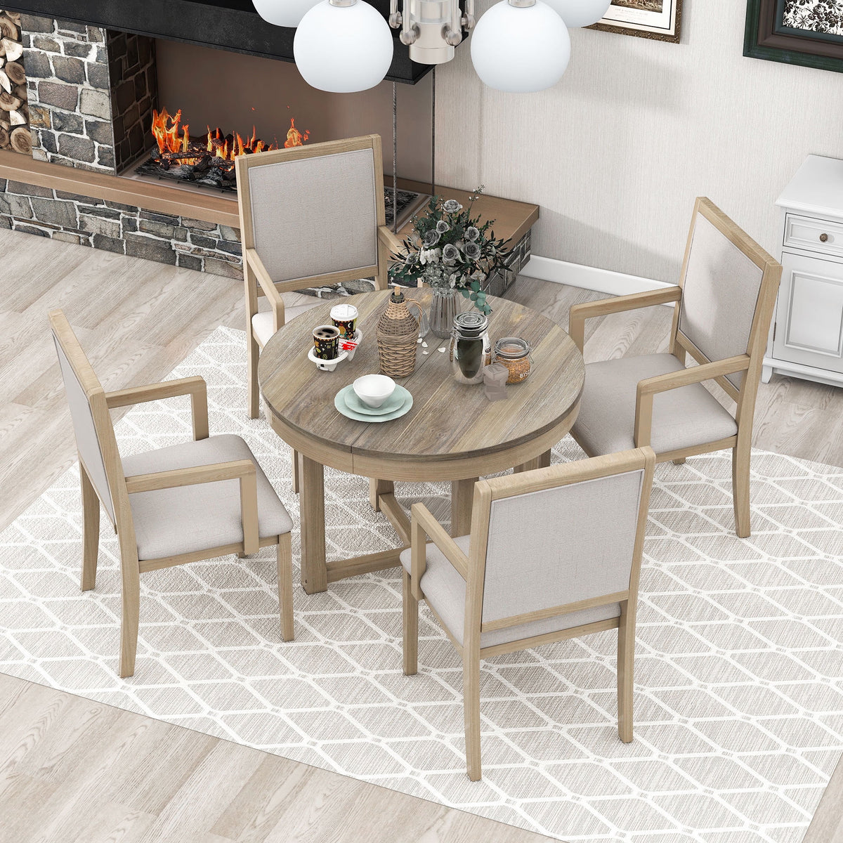 5-Piece Extendable Wood Dining Table Set with 4 Upholstered Chairs Z437130