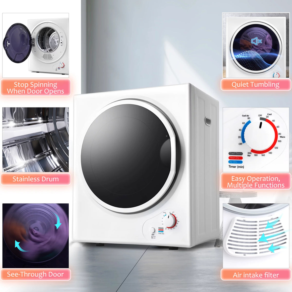 850W Portable Front Load Electric Clothes Dryer with 5 Drying Modes Y5778