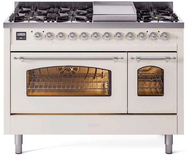 48 Dual Fuel Natural Gas Range Antique White Chrome Trim O317