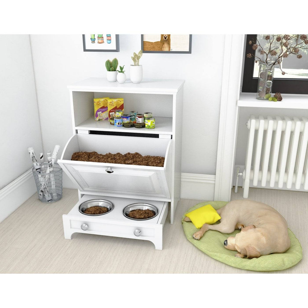 White Pet Feeding Station with Food Storage Cabinet Y9291