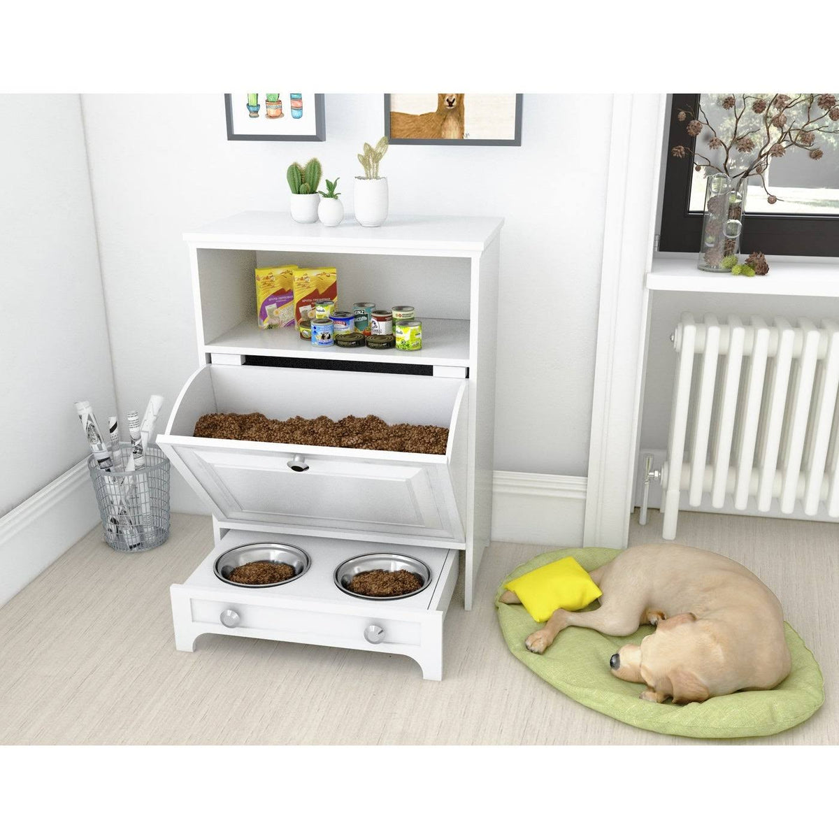 White Pet Feeding Station with Food Storage Cabinet Y9291