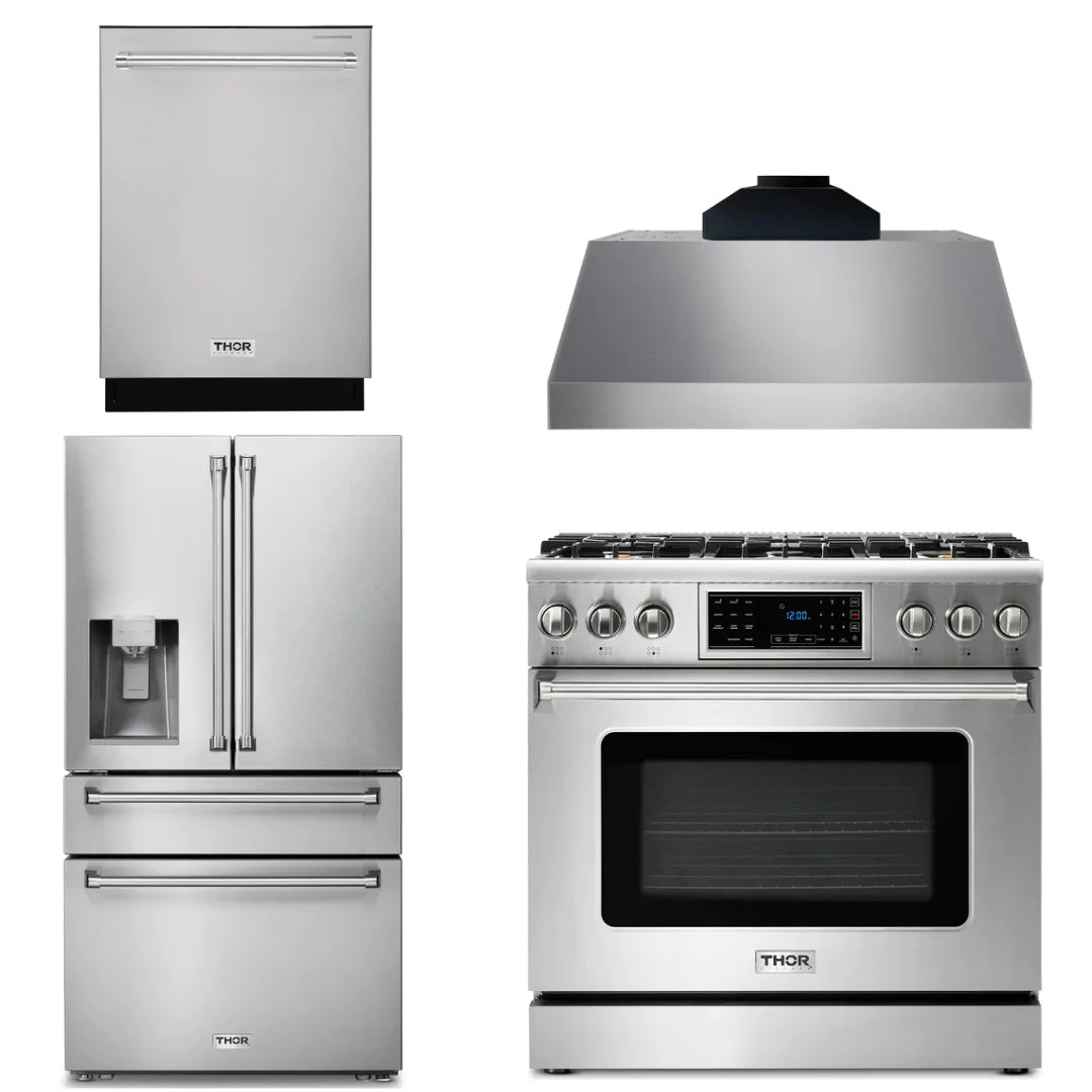 36 Gas Range, Range Hood, Refrigerator with Water and Ice Dispenser, Dishwasher D54796