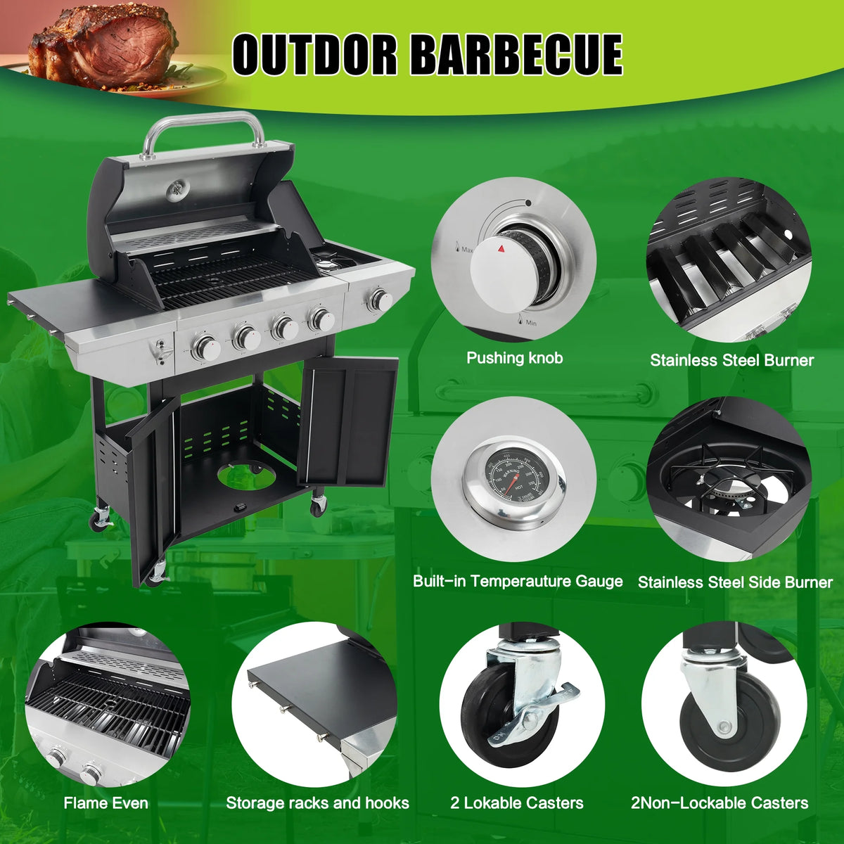 4 Burner Propane Gas Grill with Side Burner and Thermometer K95701