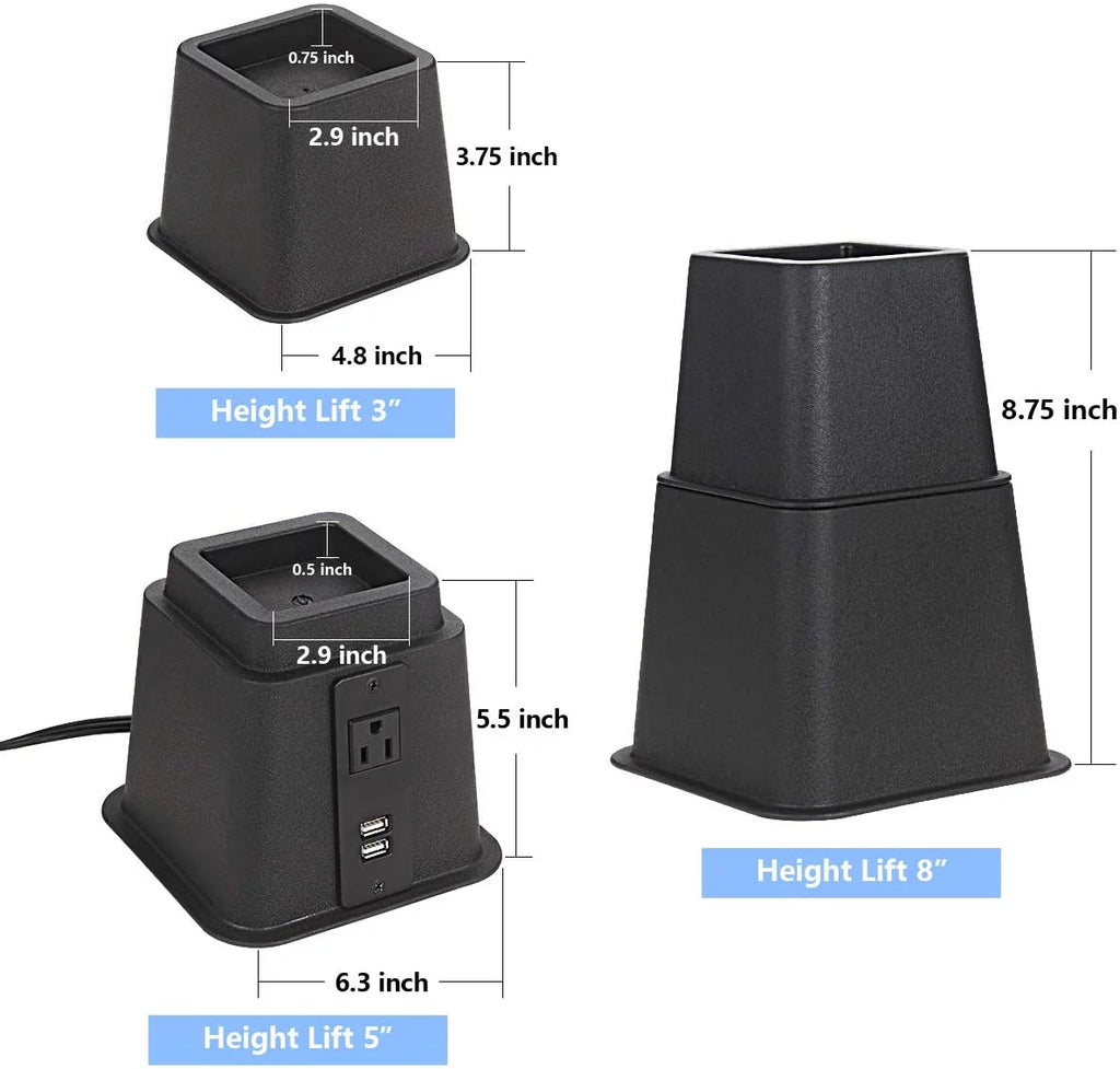 Black Set of 4 Adjustable Bed Riser with Power Outlet and USB Ports G2657