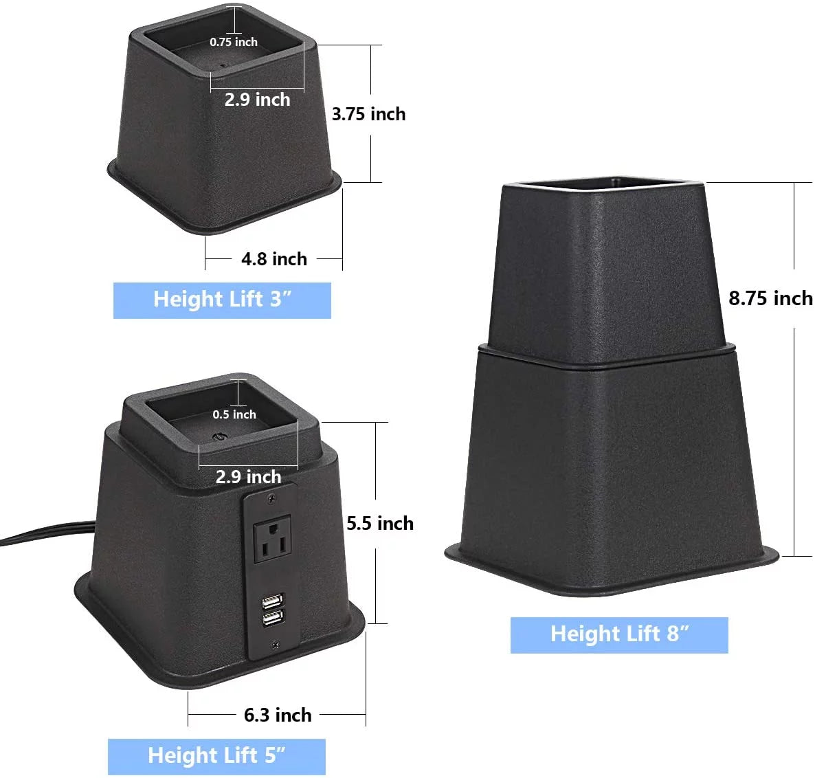 Black Set of 4 Adjustable Bed Riser with Power Outlet and USB Ports G2657