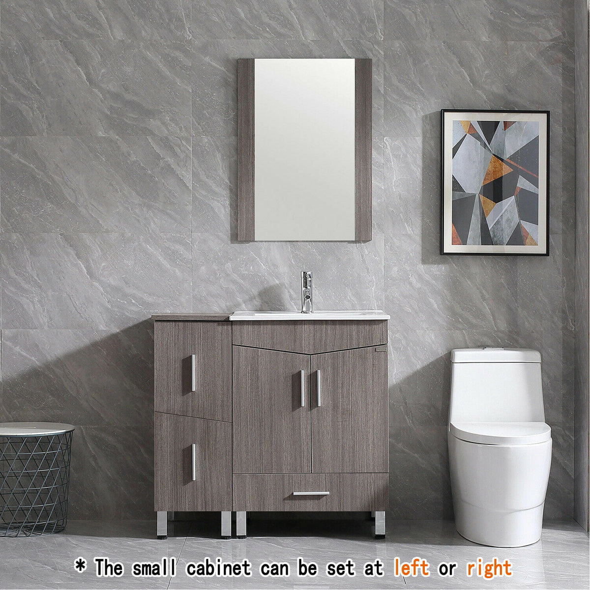 36" Light Brown Wood Bathroom Vanity with Ceramic Sink and Drawers H478