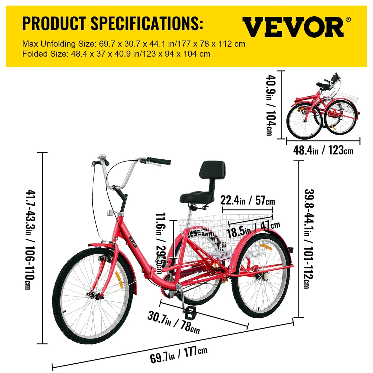 Foldable Tricycle 24 inch Wheels Red Trike with Basket U7443