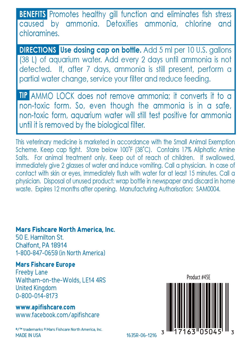 Freshwater And Saltwater Aquarium Ammonia Detoxifier, 16 oz W520
