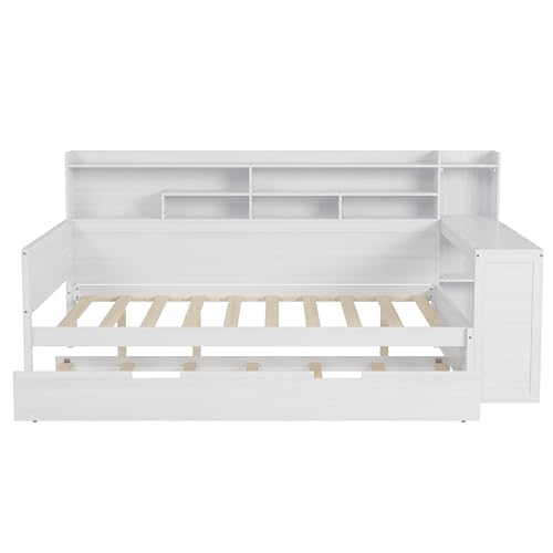 Twin Size Wood Daybed with Bookcase Storage and Desk M2687