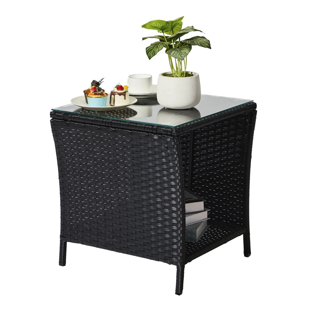 Square Wicker Side Table with Glass Top Storage Shelf R490